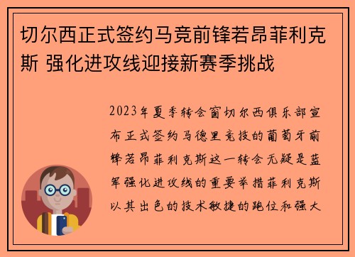 切尔西正式签约马竞前锋若昂菲利克斯 强化进攻线迎接新赛季挑战
