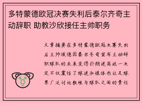 多特蒙德欧冠决赛失利后泰尔齐奇主动辞职 助教沙欣接任主帅职务 多特蒙德欧冠决赛失利后泰尔齐奇主动辞职 助教沙欣接任主帅职务