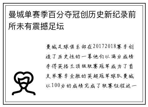曼城单赛季百分夺冠创历史新纪录前所未有震撼足坛 曼城单赛季百分夺冠创历史新纪录前所未有震撼足坛
